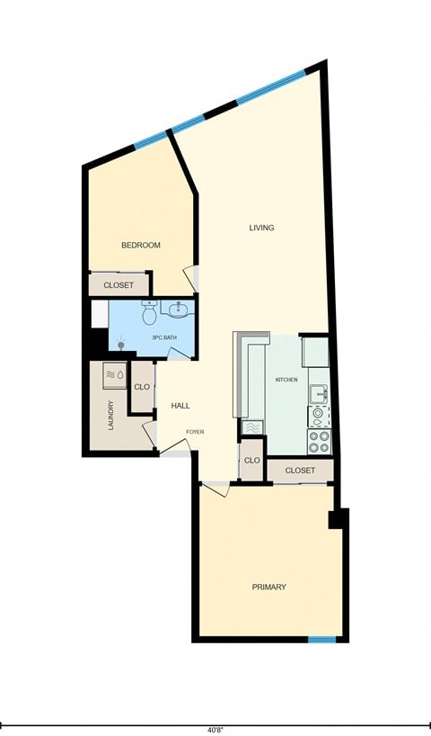 Floor plan for 2 beds, 1 bath, 850 sqft
